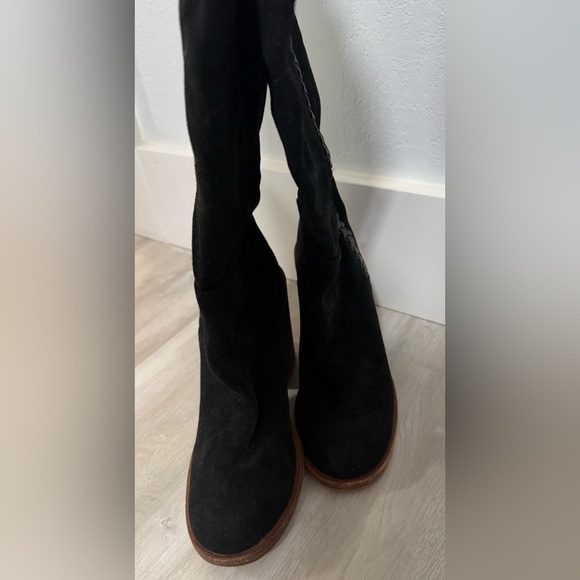 UGG Maeva Suede Knee High Boots Black Whipstitched Leather SZ 7 Runs Small - Picture 5 of 14